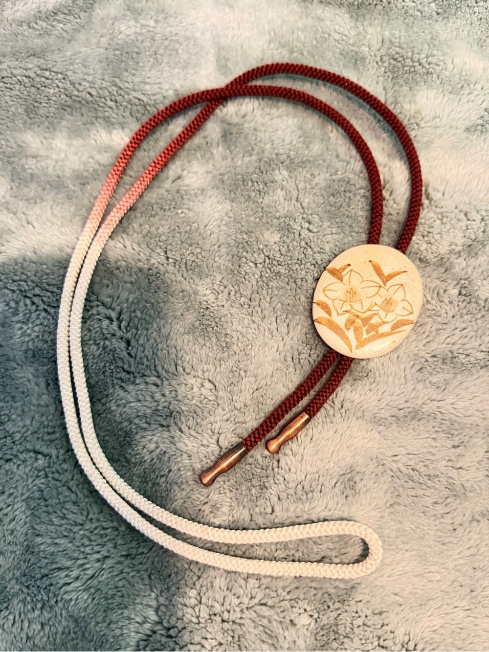 Vintage Kiyomizu Ware Japanese Floral Ceramic Bolo Tie - Cream & Burgundy